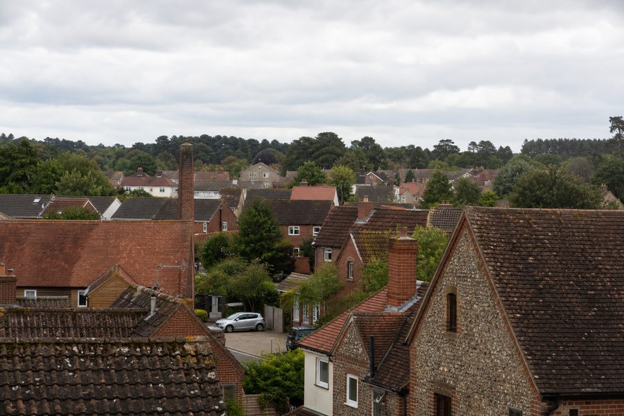 Rooflines in Thetford beneath grey East Anglian skies
